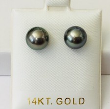 Solid 14K Gold Round 9 - 9.5 mm Genuine Tahitian Pearl Stud Earrings NEW