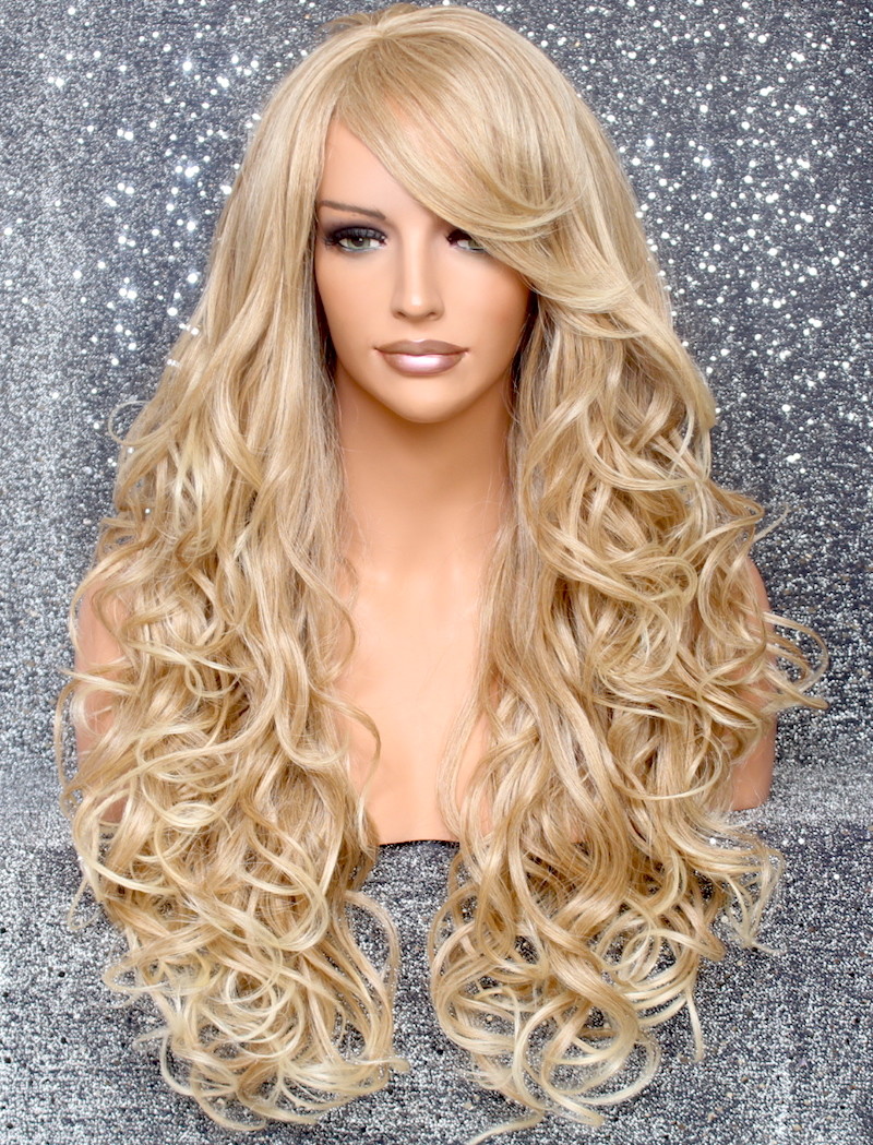 Human Hair Blend Wig Heat OK Curly Long Blonde mix Bang Layered 27