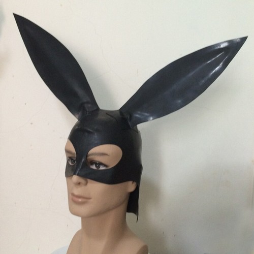 Black Latex Bunny mask,Handmade Rubber Latex Bunny Ears Hood,Back Zipper - 第 2/5 張圖片