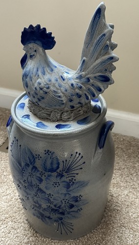 RARO Vaso de gres decorado azul 18” esmalte de sal de cerámica Eldreth, tapa de gallo - Imagen 4 de 14