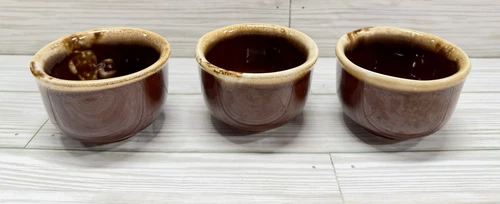 6 McCoy Custard Cups Brown Drip Stoneware Small Bowls 2.25" E2