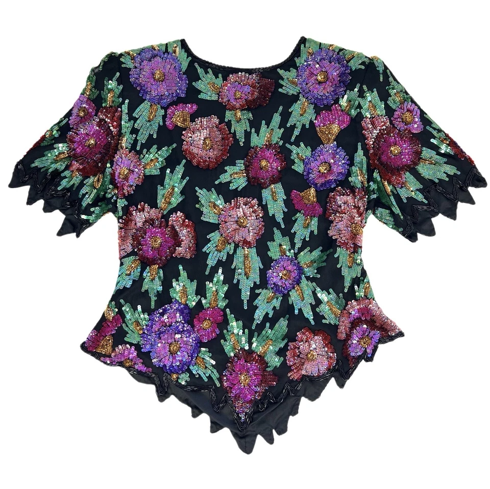 Женский винтажный топ Lawrence Kazar с бисером размер L шелк цветочный на молнии - Изображение 4 из 4