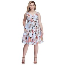 NWT Lane Bryant Tropical Print V-Neck Midi Dress Size 14 Blue Belted Pockets