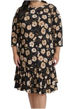 Tommy Hilfiger Women's 20W Black Beige Floral Ruffle-Trim Shift Dress Plus EUC