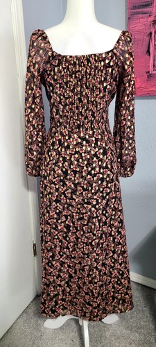 Vestido LOFT Midi Punto Brillante Marrón Floral Tonos Dorados Talla 2 - Imagen 9 de 13