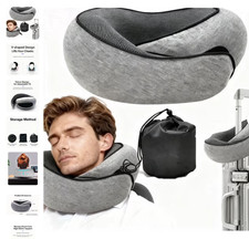 Foldable Memory Foam Travel Neck Pillow   U-Shaped Carry Bag for Airplane, Grey