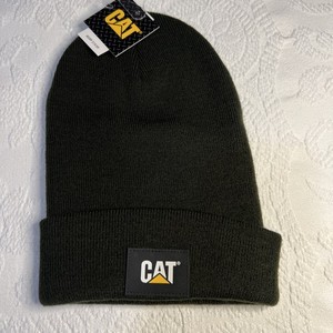 Caterpillar Mens Beanie CAT Cuff Army Moss Green One Size Hat Patch NEW