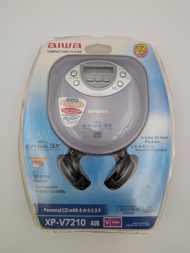 Nuovo lettore CD portatile Aiwa con cuffie da collo XP-V7210 AUB in viola EASS 3X