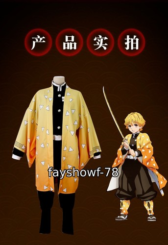 Demon Slayer Agatsuma Zenitsu Cosplay Suit Costume Halloween Uniform Props Wig - Picture 8 of 21