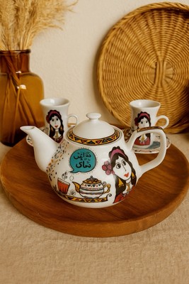 White Porcelain Arabic Written Egyptian Oriental Girl Tea Pot Set