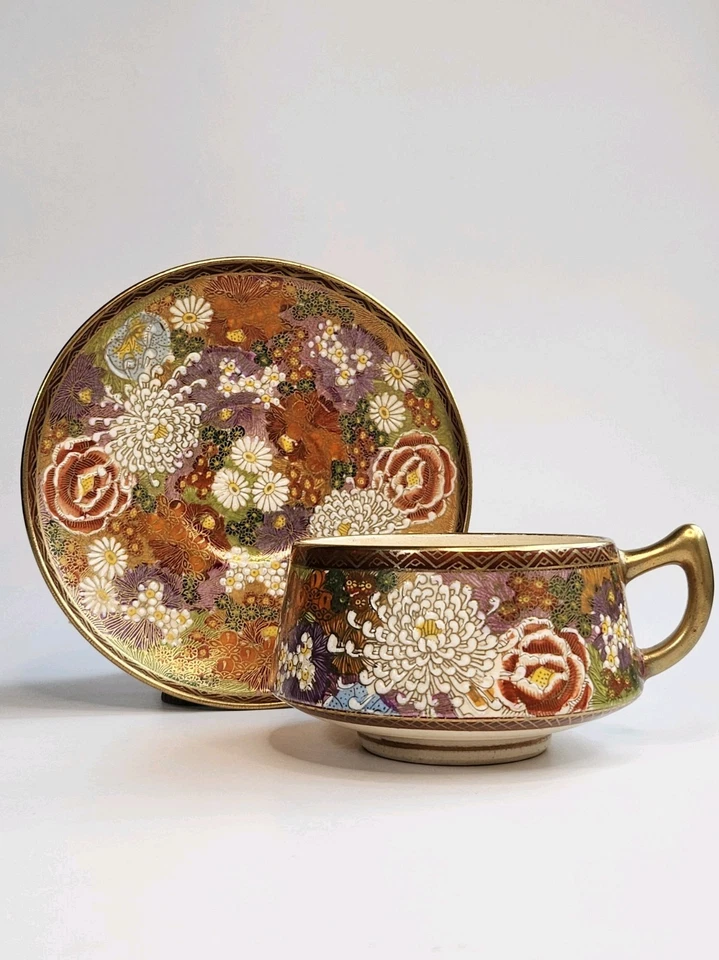 Antigua taza de té japonesa Satsuma Shimazu Millefleur mil flores y platillo Foto 3 de 4
