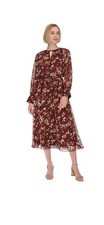 Calvin Klein Women's Floral Printed Round-Neck Midi Brown Dress SZ 2 Syrah Mult