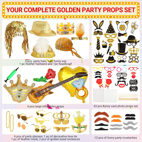 Bulk Gold Party Photo Booth Requisiten Set für Erwachsene, lustige goldene Photo Booth Glasse - Bild 3 von 7