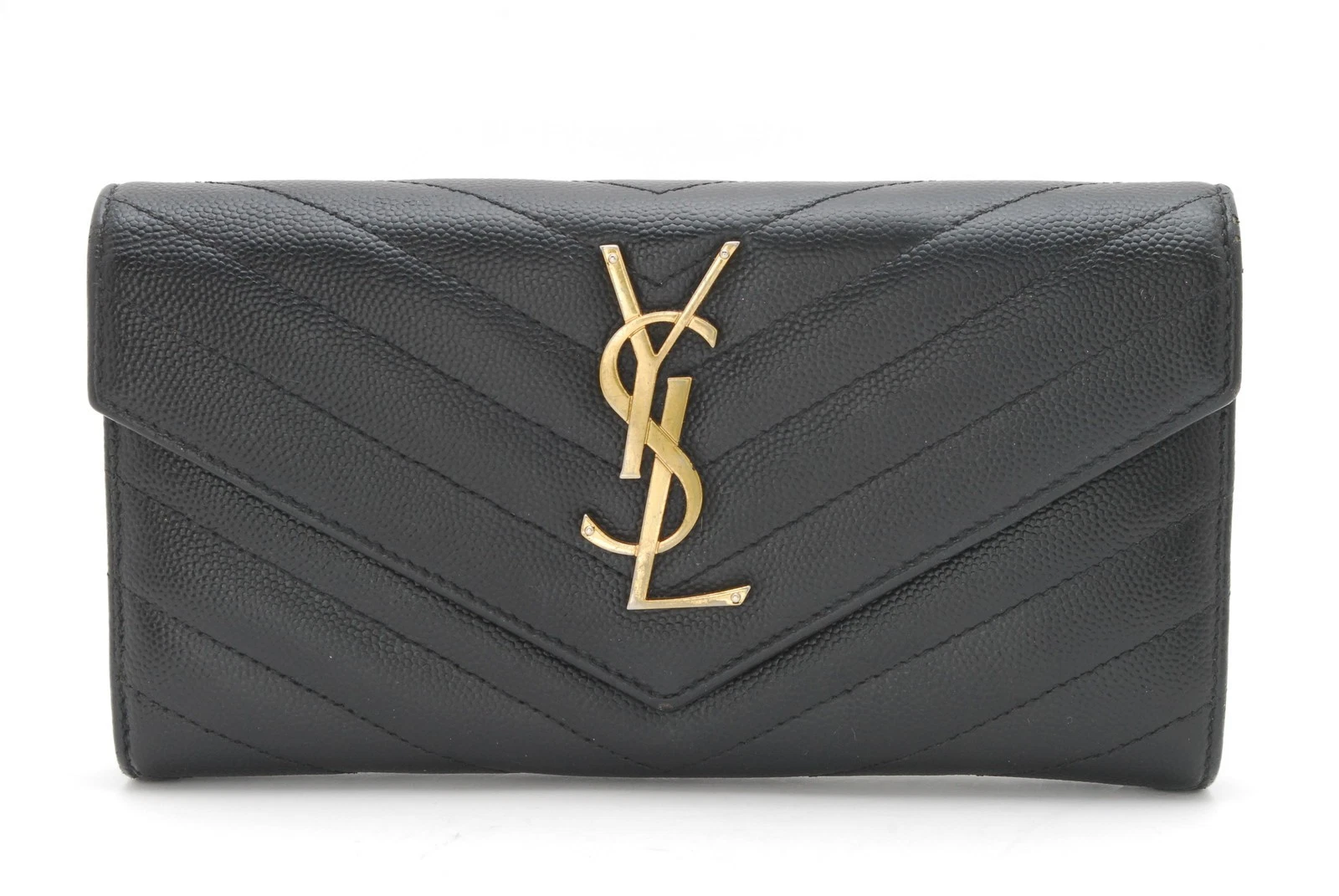 Saint Laurent — Saint Laurent YSL Black Gold Long Wallet Purse V-stitch Calfskin