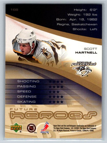 2000-01 Upper Deck Heroes #168 Scott Hartnell Nashville Predators Rookie Card - Picture 2 of 2