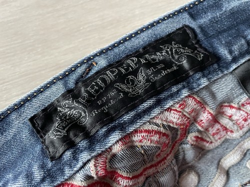 Jeans de mezclilla para hombre y mujer rojo pimienta Japan&Co Ed Hardy bordado talla 30 pulgadas - Imagen 10 de 24