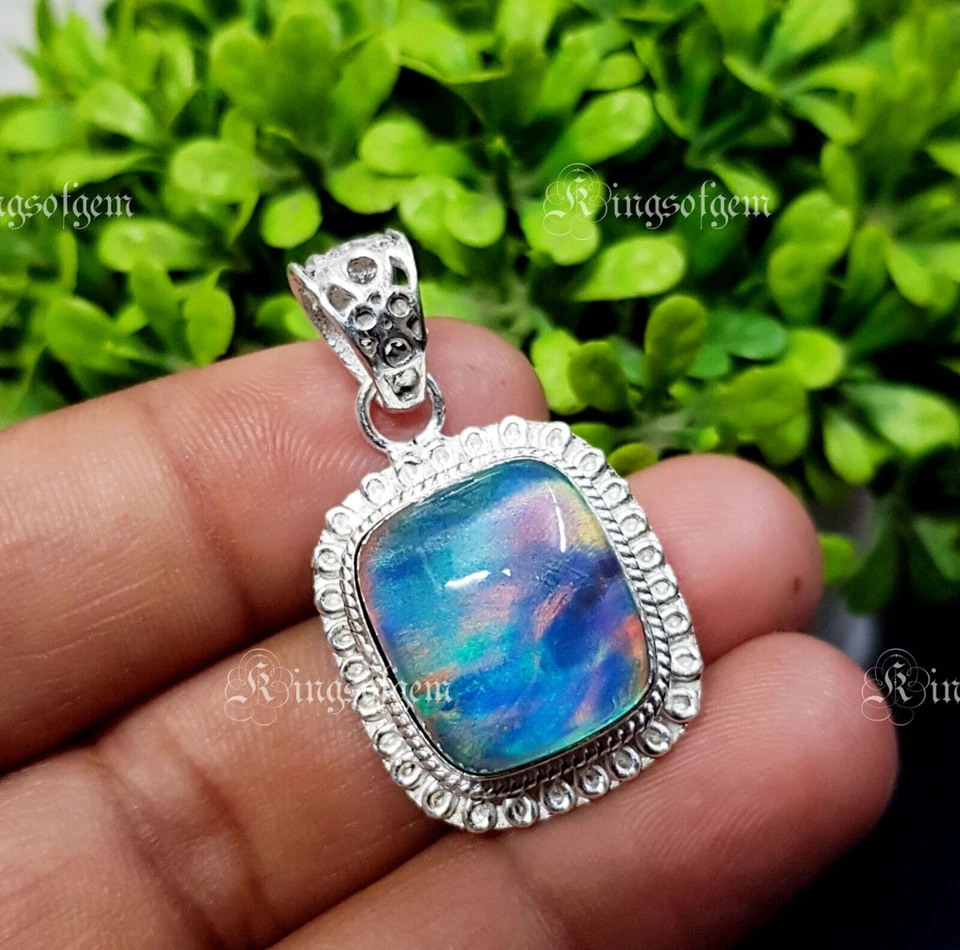 Ciondolo Argento Sterling 925 Ct Aurora Opale Multicolore Pietra Cabochon - Immagine 3 di 4