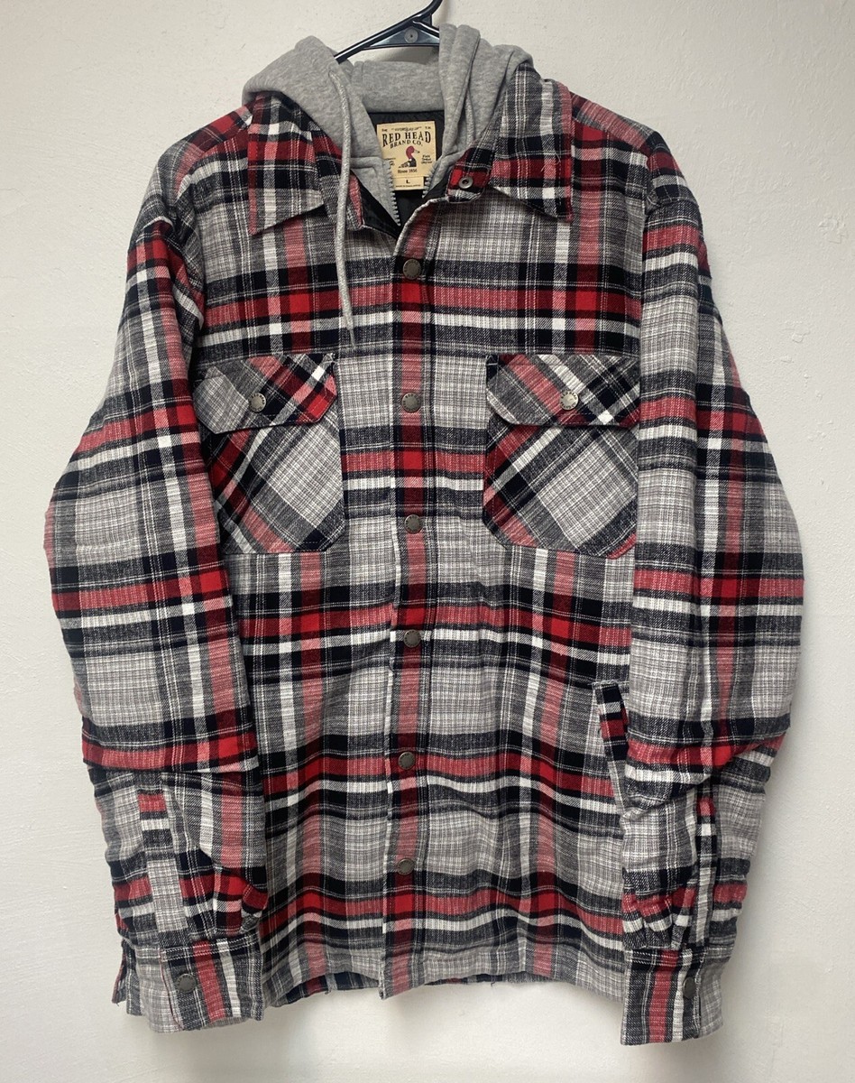 トップス Quilted Lined Hooded Flannel Shirt Red Head Brand Plaid Quilted Flannel Heavy Cotton Shirt Hoodie
