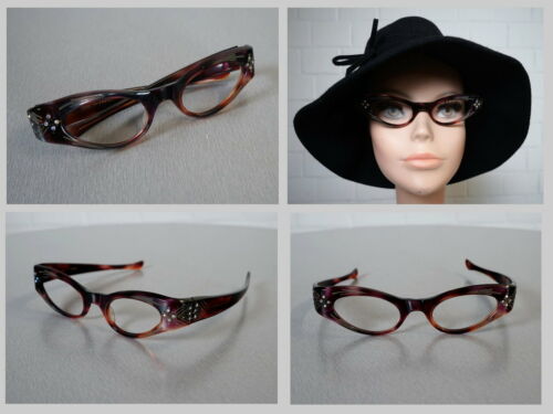 edle original Katzenaugen Cat Eye Brille Lesebrille Braun Rockabilly Ära 50er J. - Afbeelding 1 van 12