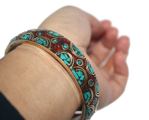 Coral Bracelet Turquoise Bracelet Boho Bracelet Tribal Bracelet Bangle - Picture 2 of 2