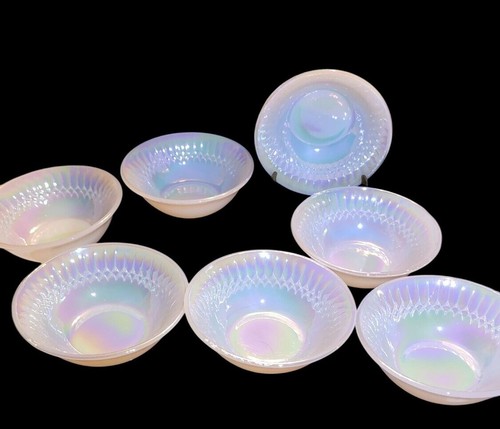 Vintage 1970 7 Federal "Moonglow Diamond Point" Iridescent Berry Bowls Opalesce - Picture 5 of 14