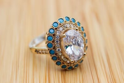 14K Two Tone Gold Plated Oval Cut Tester Pass Moissanite Halo Wedding Ring