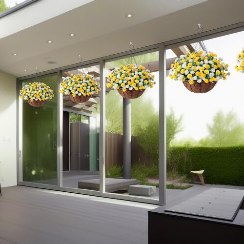 Autumn Artificial Faux Hanging Flowers Basket for Outdoors Yellow and