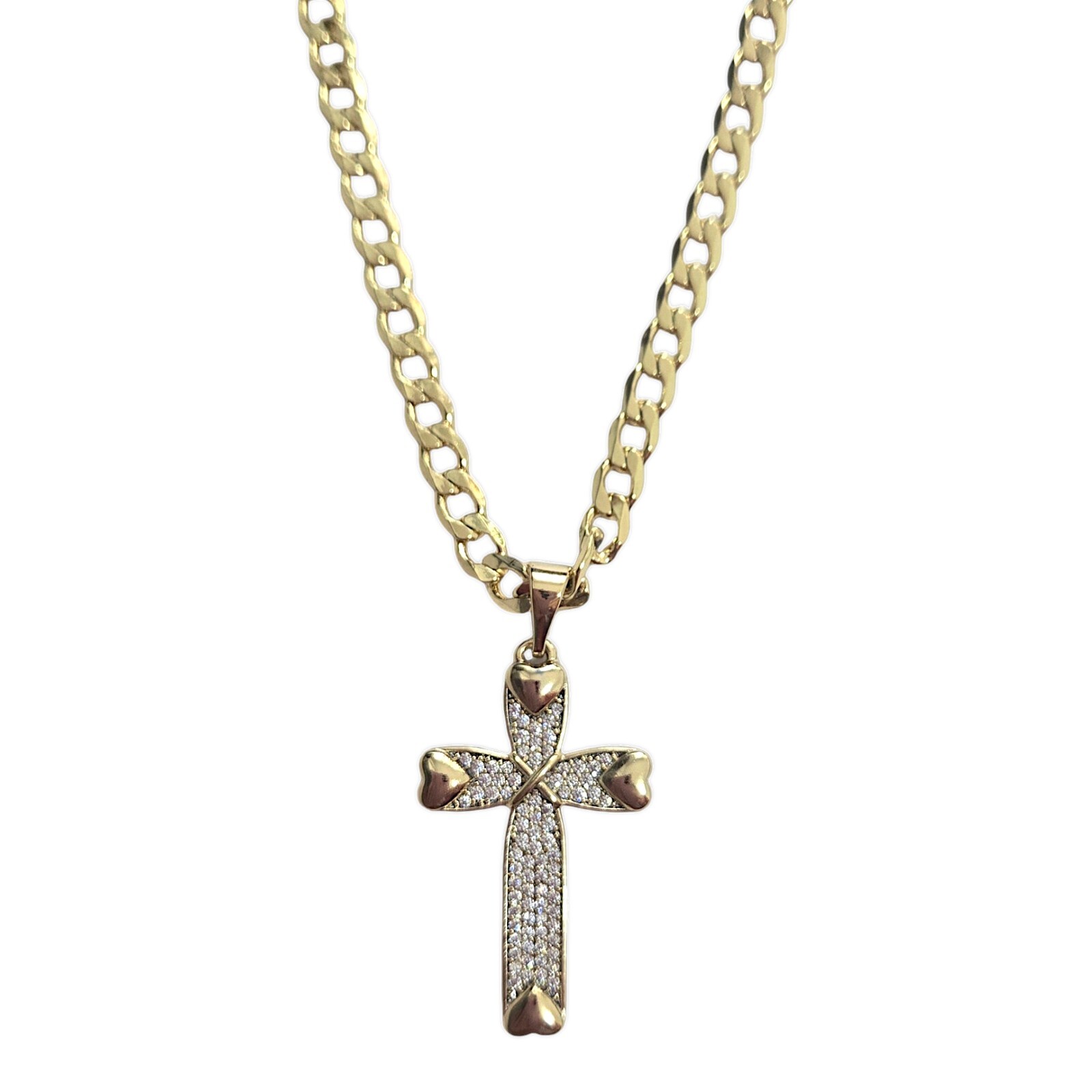 9ct Gold Plated Cross On Curb Chain 24" Womens Sparkle Heart Cross Pendant A***