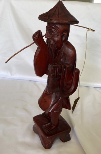 Antique Red Wood Carved Asian Chinese Fisherman Wooden Hand MadeLarge Statue 12” - Picture 19 of 19