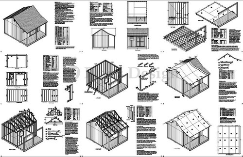 Cobertizo de almacenamiento de patio trasero de 14' x 12' con planos de porche #P81412, lista de materiales gratuitos  - Imagen 2 de 2