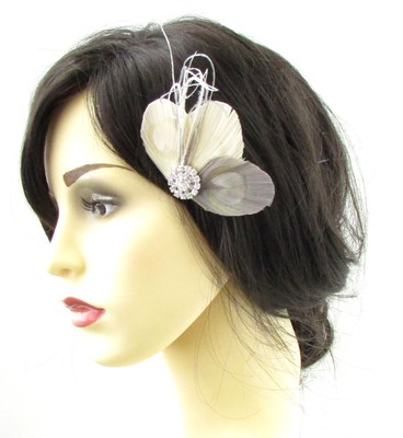 Ivory White Cream Bleached Peacock Feather Hair Clip Fascinator Bridal Pearl Y22