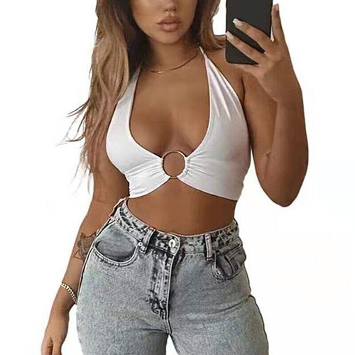 Women's Sexy Low-cut Crop Top O Ring Tank Top Spaghetti Strap E-Girl Tops NEW - Picture 7 of 19