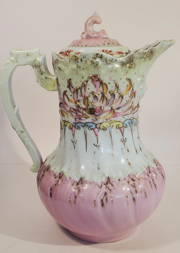Antique Victorian Porcelain Chocolate Pot Hand Painted Pink Blue Lush Gold - Picture 8 of 17