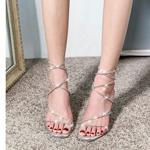 Fashion Rhinestones Ankle Strap Strappy Sandals Women Sexy Stiletto Party Shoes - Picture 2 of 18