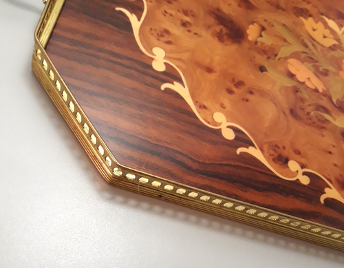 Vintage 21" Serviertablett Italienisches Holz Blumen Intarsien Messinggriffe Rand - Bild 6 von 16