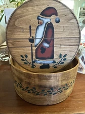 Vintage Bent Wood Cheese Box Round 5.5”x 11.5” Christmas Santa Handpainted Holly