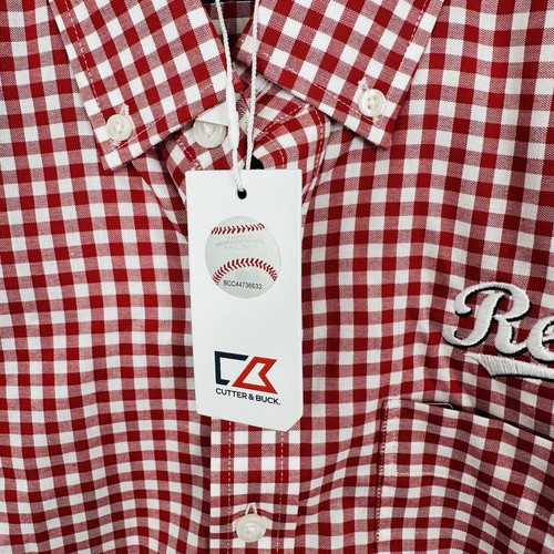 Cincinnati Reds Button Down Shirt Plaid Cutter & Buck Mens Sz S Red White NWT - Picture 7 of 8
