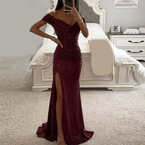 Neue Party Pailletten trägerlose Schlitz Fischschwanz Kleid sexy Ballkleider - Bild 8 von 16