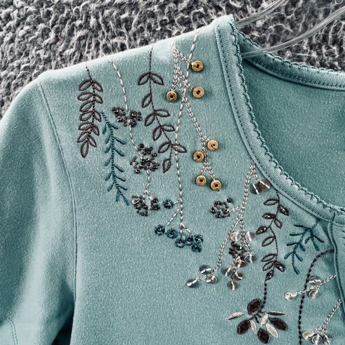 Alfred Dunner Women Top Medium Petite Mint Green Floral Beaded Pullover Shirt - Picture 2 of 10