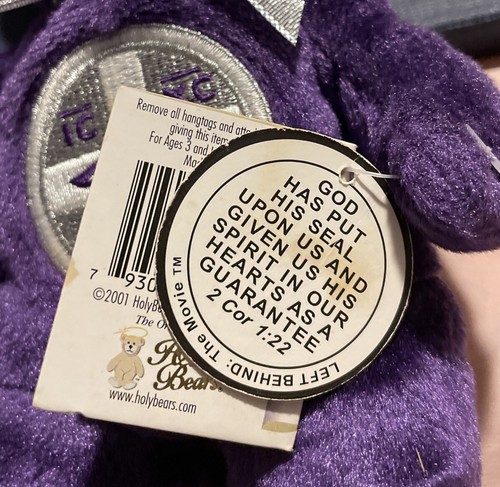 2001 Vintage Left Behind the Movie Bear Bean Bag Toy Plush Purple Silver w/Tags - Picture 12 of 14
