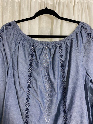 Chicos Größe 1/ Medium Chambray bestickt Pailletten elastischer Ausschnitt 100% Baumwolle - Bild 2 von 17