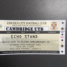 Lincoln City v Cambridge United(Division 2  2004/05)19/2/05 Player Match Ticket