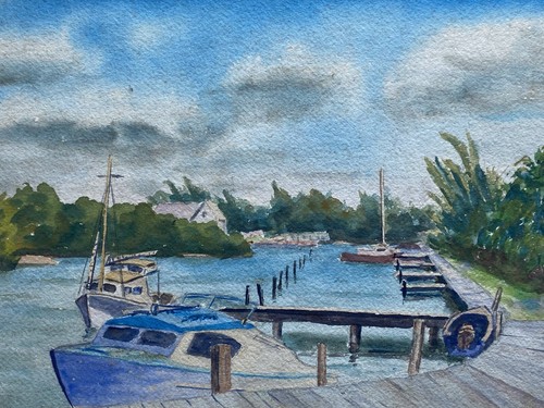 Vintage 50s Original Coastal Harbor Cape Cod Speedboat Boats Watercolor Painting - Picture 3 of 15