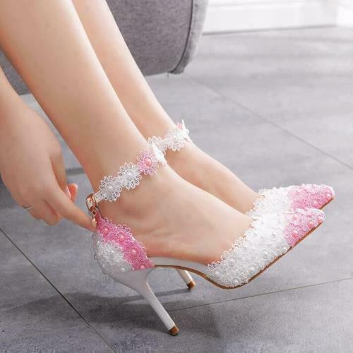 Damen-Sandalen spitz zulaufend Spitze Blumen hohe Absätze Braut Hochzeit Party Schuhe - Bild 2 von 7