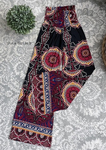 New Womens JUP FOLDOVER BLACK BURGUNDY MERLOT BOHO PALAZZO PANTS S M USA - Picture 3 of 4