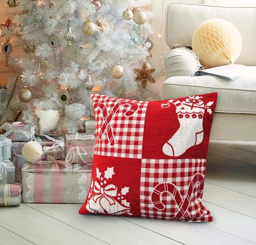 Fundas de cojín de chenilla roja festiva de Navidad Papá Noel ciervo a cuadros Navidad escandinava - Imagen 8 de 28