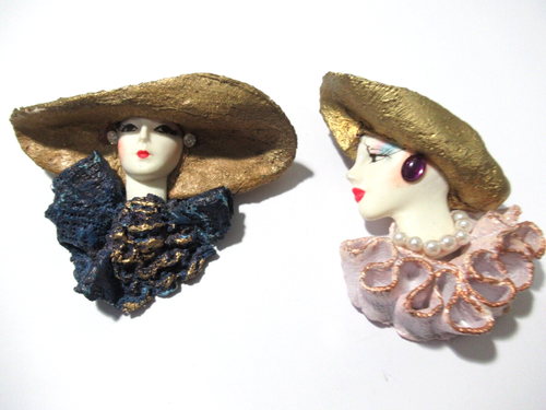 Two Vintage Handcrafted Fancy Dressed Lady Brooch Pins