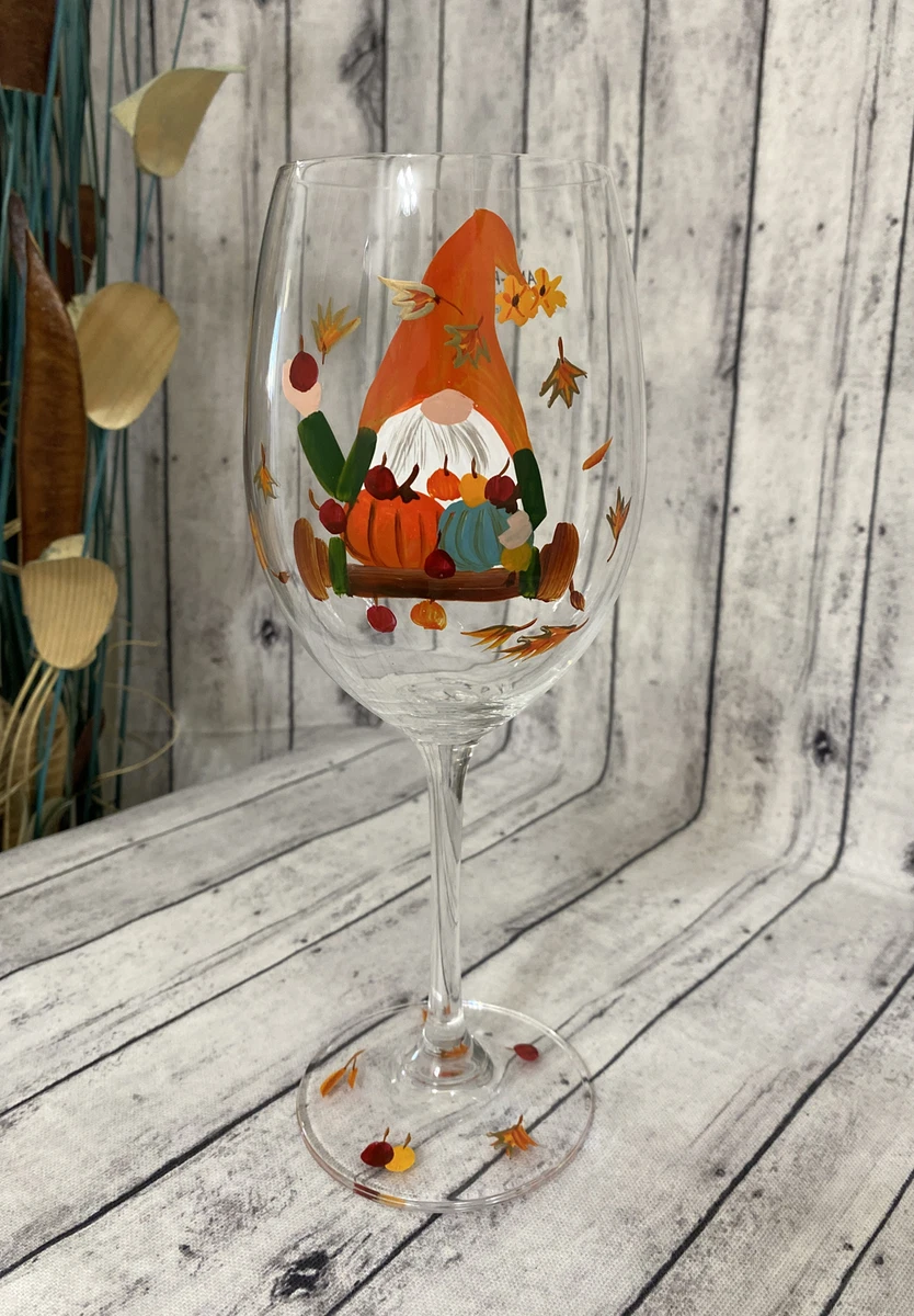 FALL GNOME WINE GLASS~HAND PAINTED! THANKSGIVING GNOME WINE GLASS