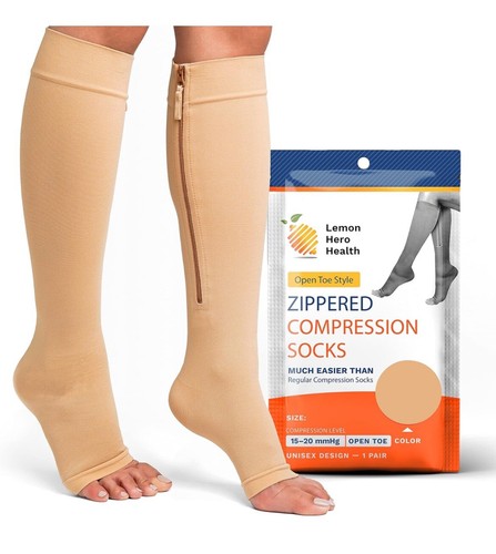 Beige Kompressionsstrümpfe - offene Zehenpartie und Reißverschluss - 2XL 15-20mmHg von Lemon Hero - Bild 2 von 6