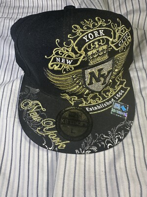 K & B Ethos New York City NY cap hat adult fitted Large L black gold embroidery